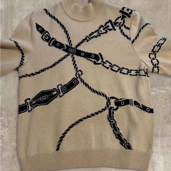 St. John Beige Turtleneck Sweater with Black Rope & Belt Graphic - Picture 2 of 3